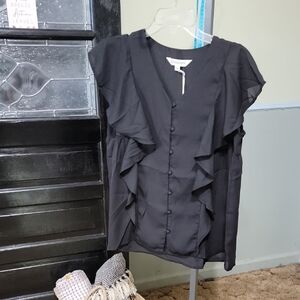 NWT Davi&Dani Black Ruffle Blouse With Fabric Covered Buttons Woman Size L